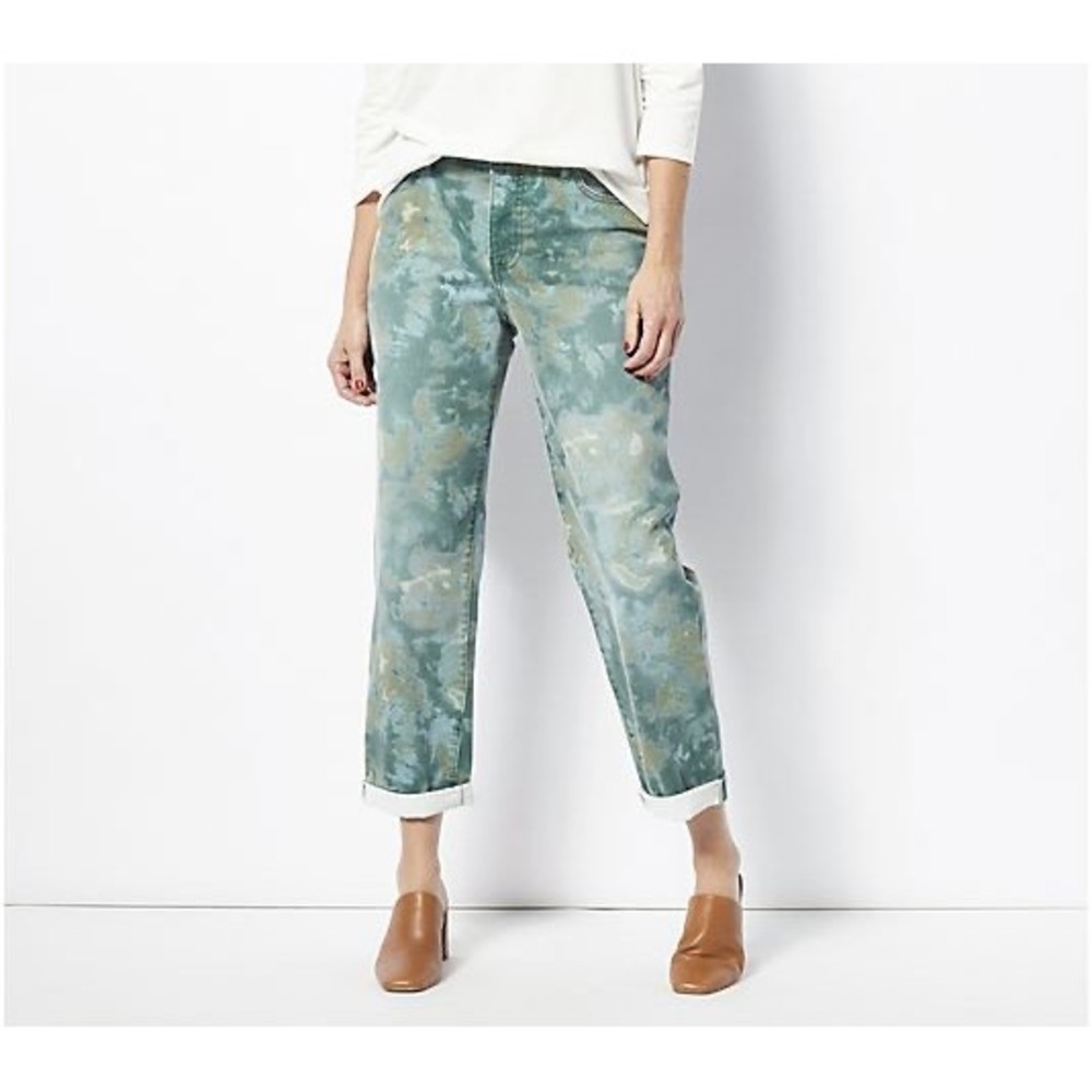 LOGO Lori Goldstein Shelly Boyfriend Jeans Green Floral Stretch Denim 16 EUC